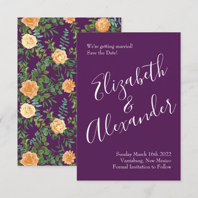 Invitation Mariage Rose Peach Plum Purple Peony Date de sauve (Devant / Derrière)