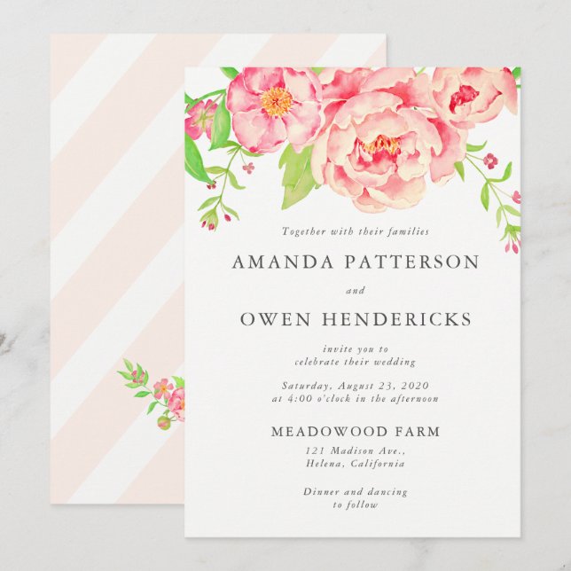 Invitation Mariage Rose Peach Watercolor (Devant / Derrière)