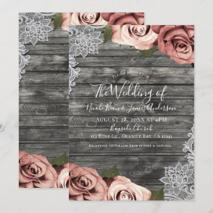 Invitation Mariage Rose Pêche Corail Gris Rustique Blanc Dent