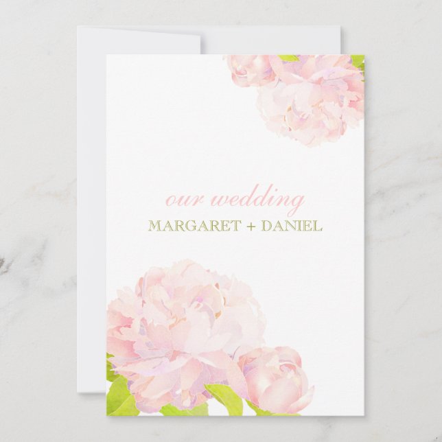 Invitation Mariage rose printemps + vert pivoine (Devant)