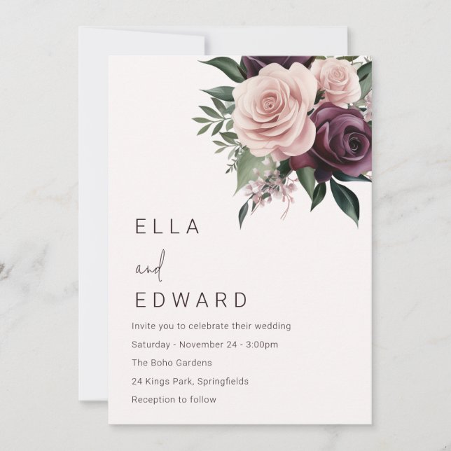 Invitation Mariage Rose profond de Bourgogne et Dusty (Devant)