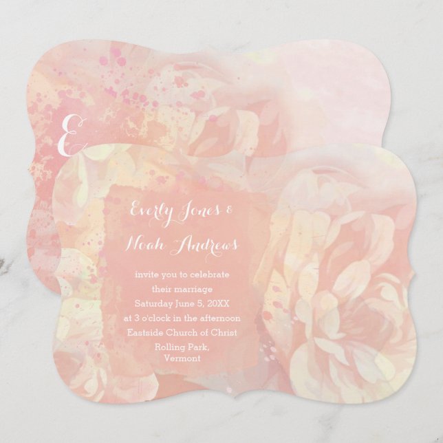 Invitation Mariage rose quartz et corail aquarelle (Devant / Derrière)