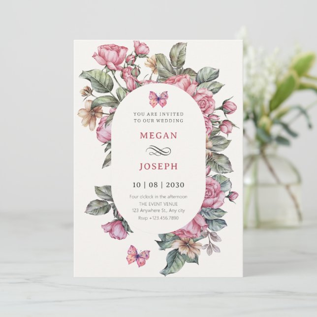Invitation Mariage rose rose rustique (Debout devant)