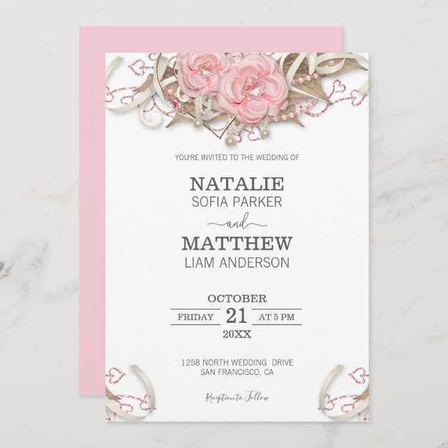 Invitation Mariage rose Roses (Devant / Derrière)