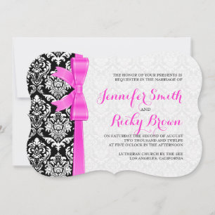 Invitation Mariage rose Ruban noir et blanc Damas