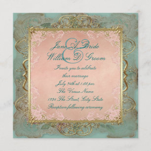 Invitation Mariage rose Turquoise bleu et Gold Vintage