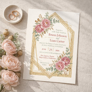 Invitation Mariage Roses & Eucalyptus Aquarelle Rose Clair
