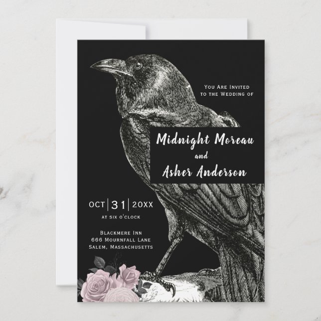 Invitation Mariage Roses Noires de Corbeau Rose Halloween (Devant)