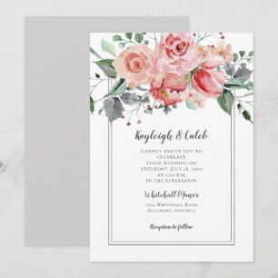 Invitation Mariage Roses Roses Blush Été Feuilles Grises Vert