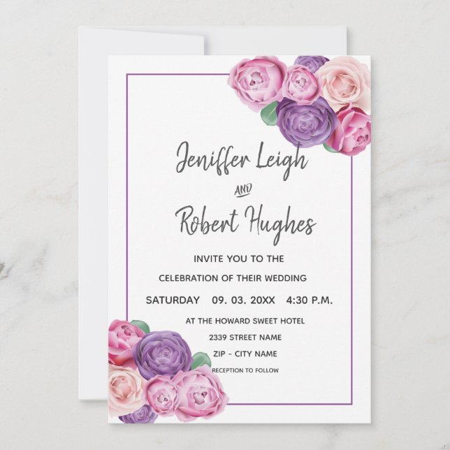 Invitation Mariage Roses Ultra violet et rose (Devant)