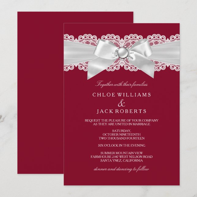 Invitation Mariage rouge Bourgogne Mariage blanc Pearl Bow (Devant / Derrière)