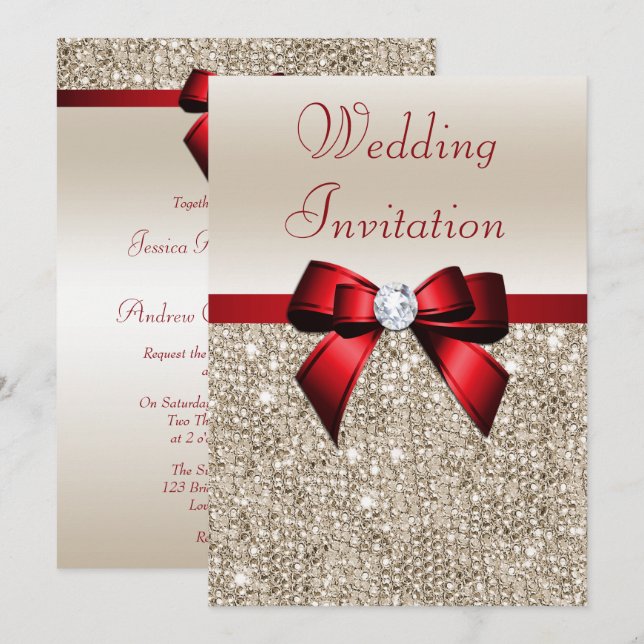 Invitation Mariage rouge d'arc de paillettes de Champagne de (Devant / Derrière)