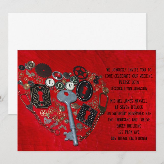 Invitation Mariage rouge de coeur de Steampunk (Devant / Derrière)