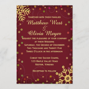 Invitation Mariage rouge de vacances de flocons de neige d'or