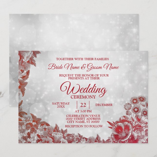 Invitation Mariage Rouge Floral Motif Argent Étincelle (Devant / Derrière)