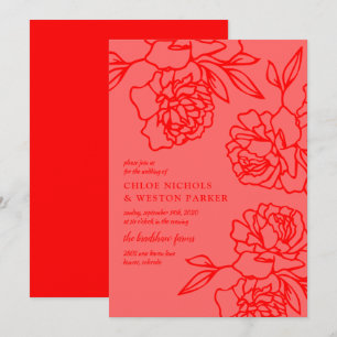 Invitation Mariage rouge moderne de pivoines écrites au