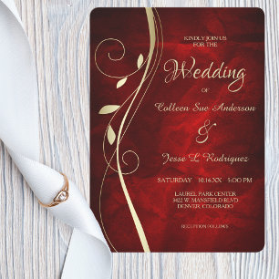 Invitation Mariage rouge profond à la feuille d'or