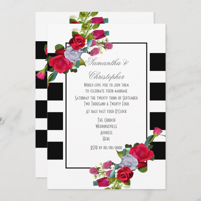 Invitation Mariage rouge rose et noir rayé (Devant / Derrière)