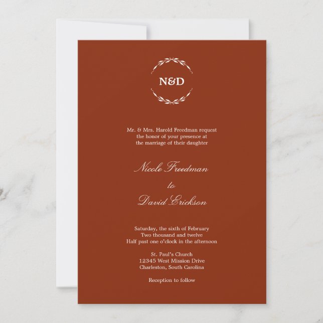 Invitation Mariage rouge velours monogramme initial de couron (Devant)