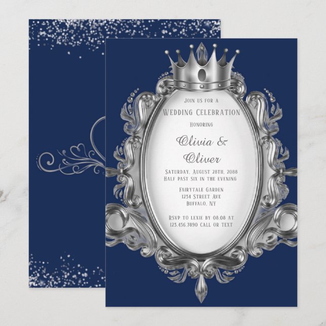 Invitation Mariage royal à cadre bleu marine et argent (Devant / Derrière)