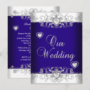 Invitation Mariage Royal Bleu Cœurs Diamant Argent 2