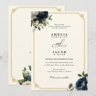 Invitation Mariage Royal Bleu Pivoine avec Cadre Doré