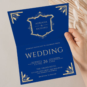 Invitation Mariage Royal Bleu Vintage Gold Crest Code QR