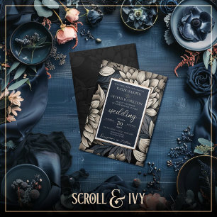 Invitation Mariage Royal Blue & Champagne White Bloom