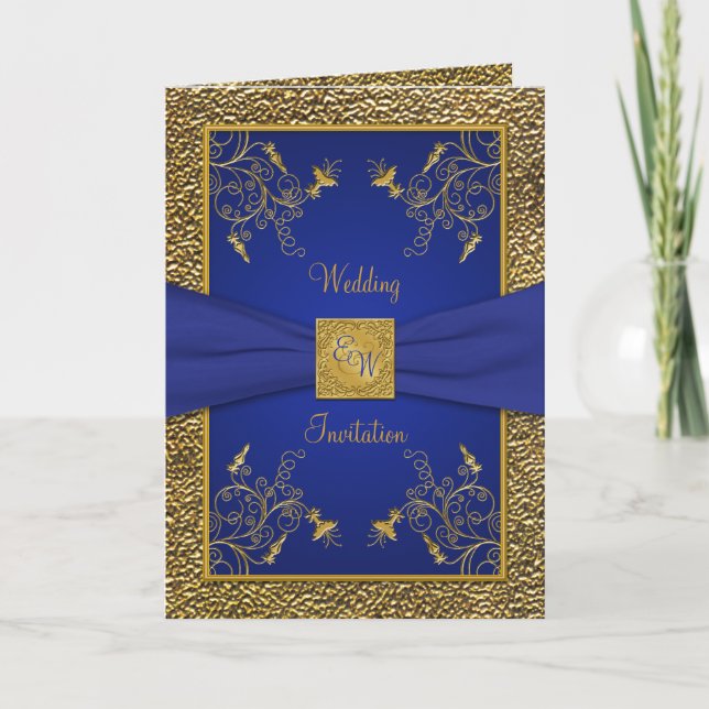 Invitation Mariage Royal Blue et Gold Card Style (Devant)