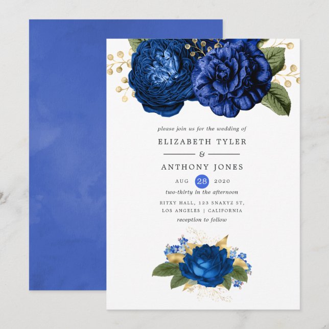 Invitation Mariage Royal Blue et Gold Floral (Devant / Derrière)