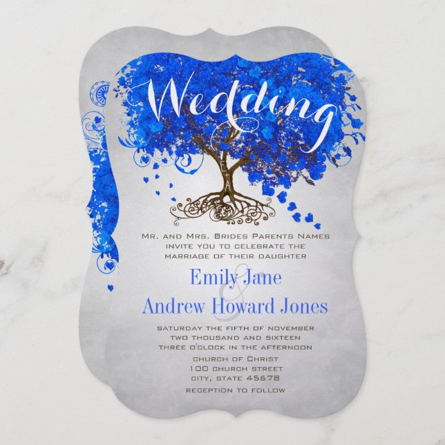 Invitation Mariage Royal Blue Heart Leaf Tree Invite (Devant / Derrière)