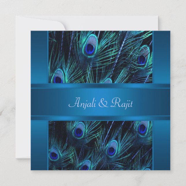Invitation Mariage Royal Blue Purple Peacock Plumes (Devant)