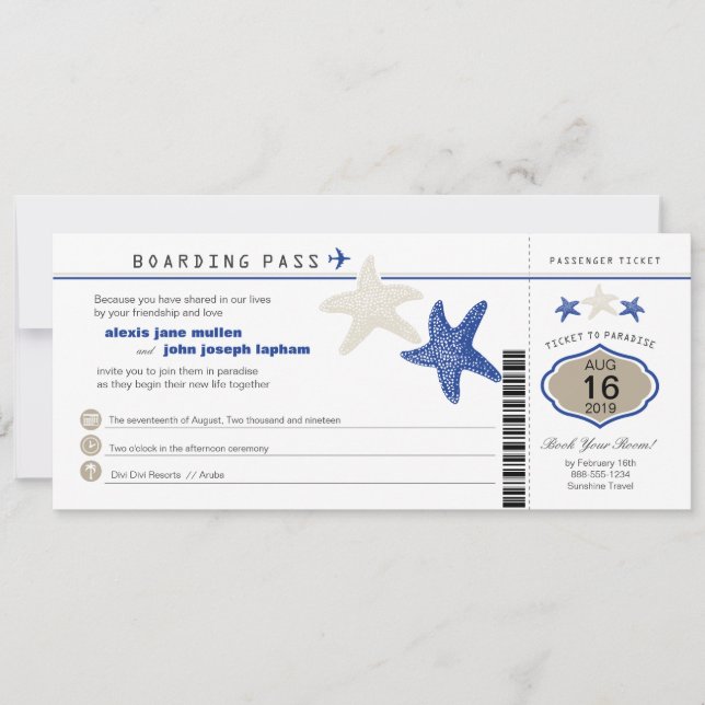 Invitation Mariage Royal Blue Tan Starfish Boarding Pass (Devant)