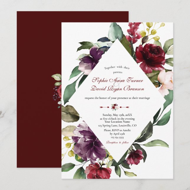 Invitation Mariage Royal Burgundy Plum Blush Flowers (Devant / Derrière)