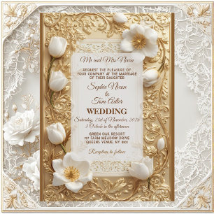 Invitation Mariage Royal Chic Tulipe Blanche Orné Or Vintage 
