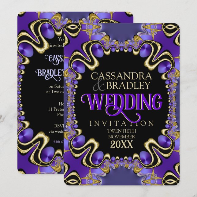 Invitation Mariage Royal Gold Purple Lace (Devant / Derrière)