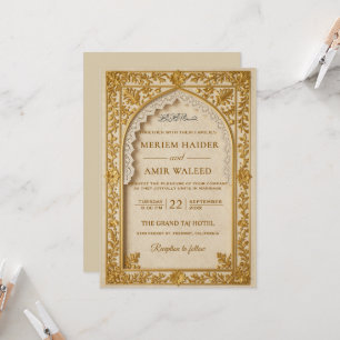 Invitation Mariage Royal Islamique Arche Crème Or floral lace