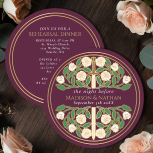Invitation Mariage Royal Répétition Épée Florale Or Mauve