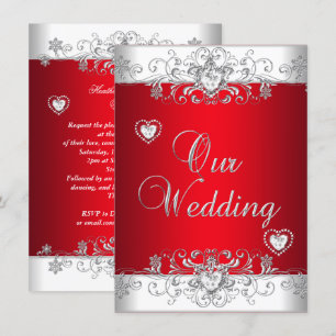 Invitation Mariage royal Rouge Coeurs Diamants Argent