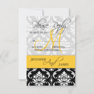 Invitation Mariage RSVP CARD Damask Monogramme Nom Jaune