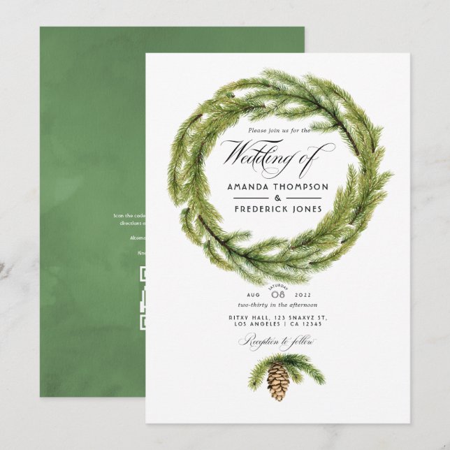 Invitation Mariage RSVP Code QR Pins Aquarelle Hivernale (Devant / Derrière)