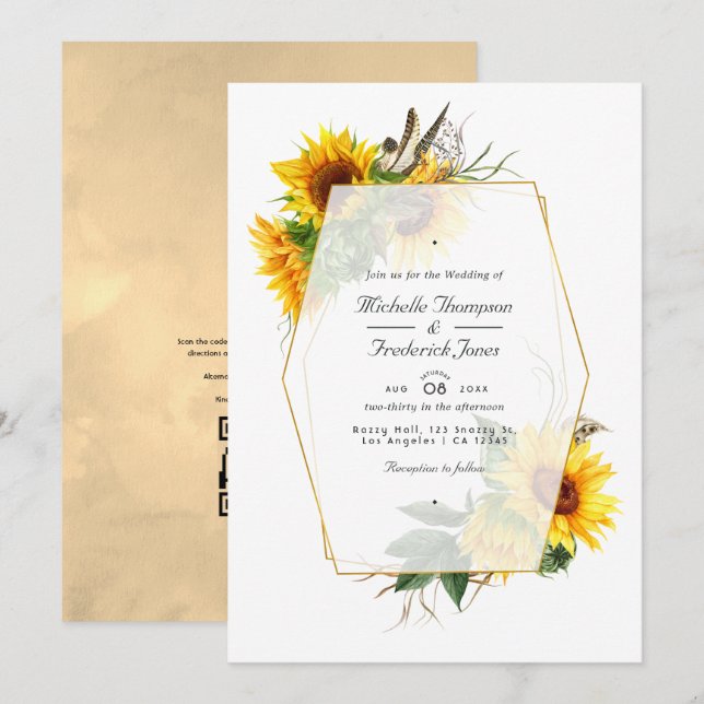 Invitation Mariage RSVP des tournesols géométriques d'or (Devant / Derrière)