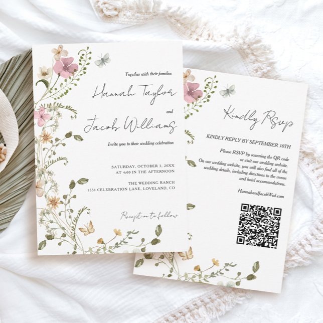 Invitation Mariage RSVP du code QR fleur sauvage (wildflower qr code wedding invitation template)