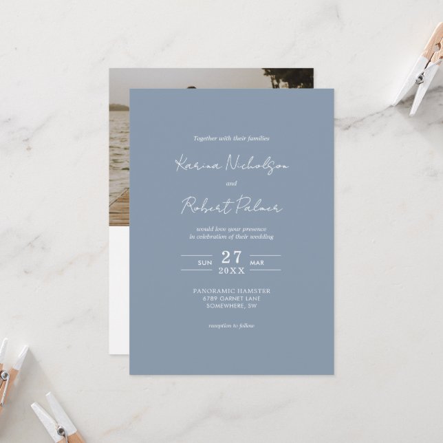 Invitation Mariage RSVP du code QR photo bleu budget (Devant/Arrière en situation)
