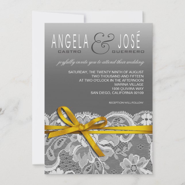 Invitation Mariage Ruban et Dentelle | gris jaune (Devant)