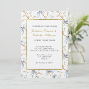 Invitation Mariage Rubans Bleus Or Élégants