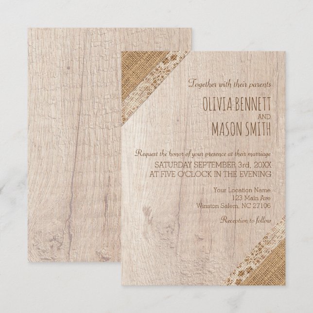 Invitation Mariage Russe Beige Blanc Bois Burlap (Devant / Derrière)