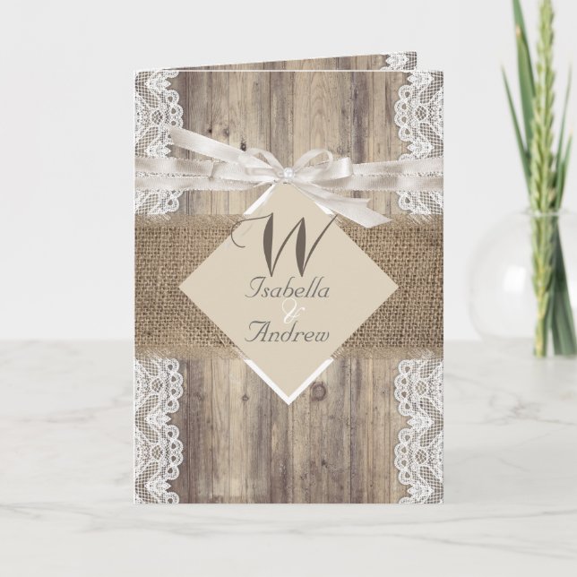 Invitation Mariage Russe Beige Blanc dentelle Bois Burlap (Devant)