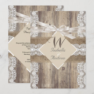 Invitation Mariage Russe Beige Blanc dentelle Bois Burlap 2a