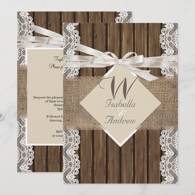 Invitation Mariage Russe Beige Blanc dentelle Bois Burlap 3 (Devant / Derrière)